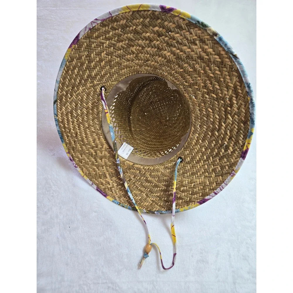 Straw Sun Hat‎ Wide Brim Floral Bow Trim Medium Vacation Beach Resortwear